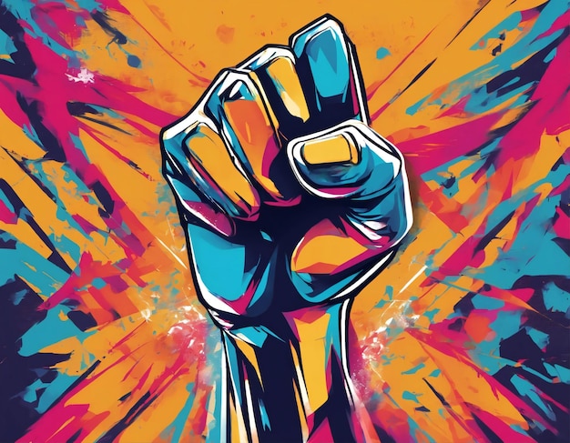 Rainbow colored strong fist raised up Human rights concept hand in colors illustration