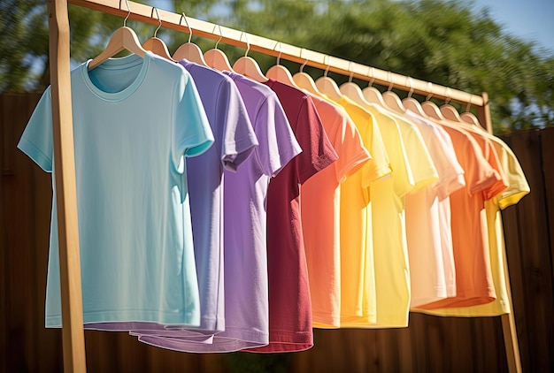 rainbow colored t shirts on clothesline in the style of light magenta and amber