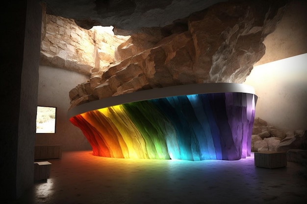 A rainbow - colored table in a cave with a picture of a rock wall.