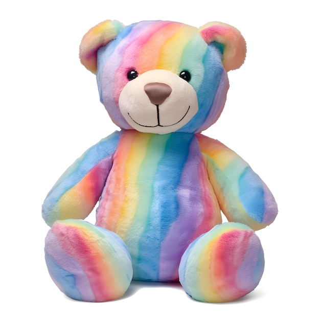 A rainbow colored teddy bear with the word rainbow on it