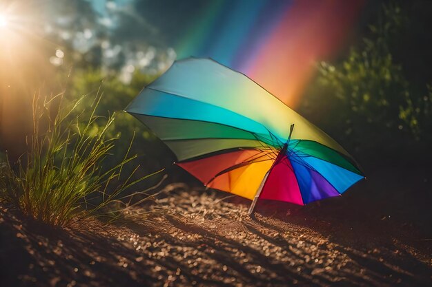 A rainbow colored umbrella is laying on the ground.