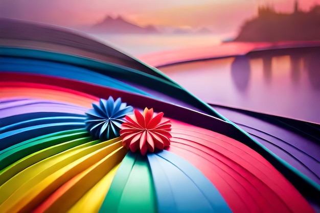A rainbow colored umbrella with a red ribbon on it.