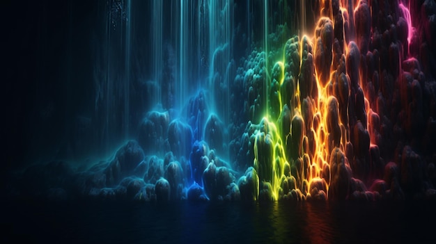 A rainbow colored waterfall of water in a dark room