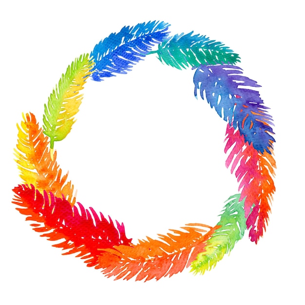 A rainbow colored wreath with feathers on a white background