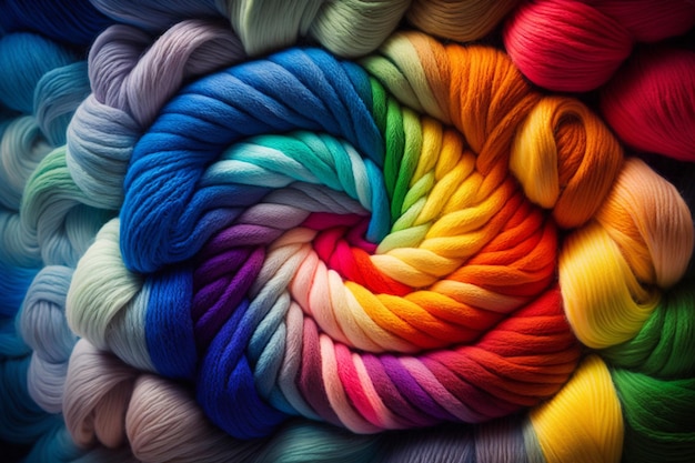 A rainbow colored yarn is surrounded by a spiral of yarn.