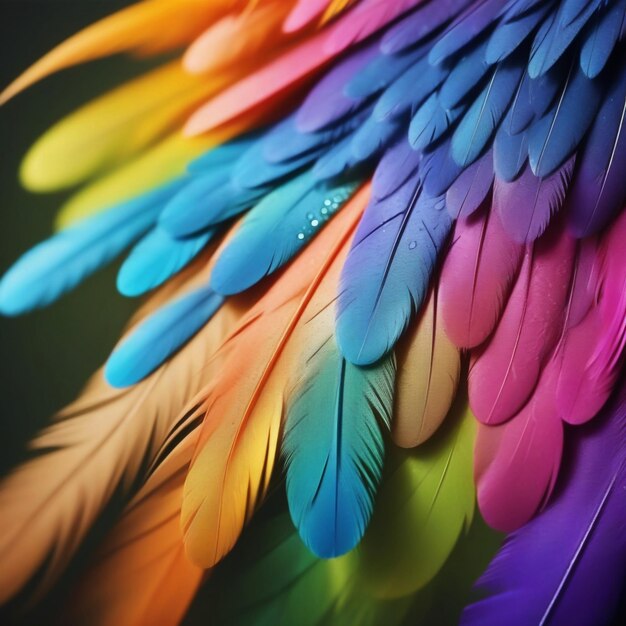 Rainbow colorful bright feather closeup up macro view background