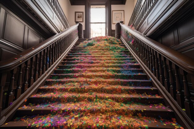 Rainbow of colorful confetti cascading down a staircase