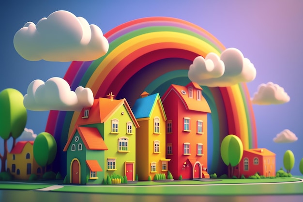 A rainbow over a colorful house