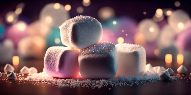 Rainbow colorful Marshmallows Sparkling Bokeh sweets Illustration