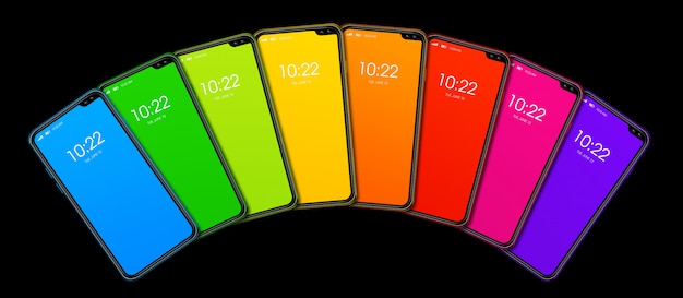 Photo rainbow colorful smartphone set . isolated on black. 3d render