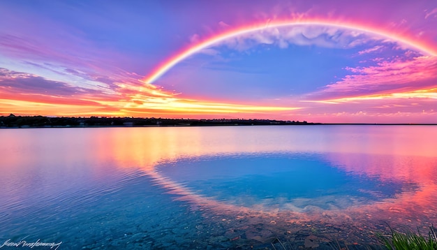 Rainbow colorful sunset on blue pink sky yellow clouds skyline