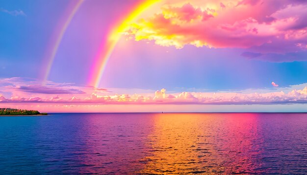 Rainbow colorful sunset on blue pink sky yellow clouds skyline