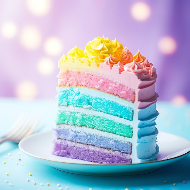 Rainbow colorful and vibrant cake with layers of different rainbow colored sponge cake for birthday