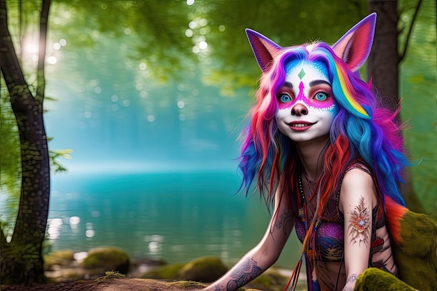 rainbow colors big ears cute alien human animal hybrid illustration generative ai