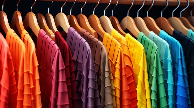 Rainbow colors clothes on wooden hangers beautifully made with Generative AI