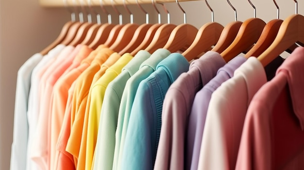 Rainbow colors clothes on wooden hangers Generative ai
