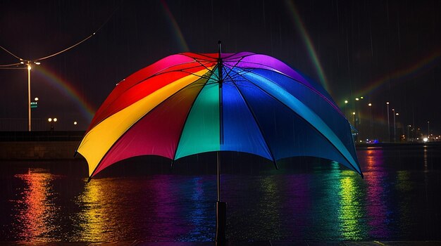 Rainbow colors illuminate dark night with umbrella