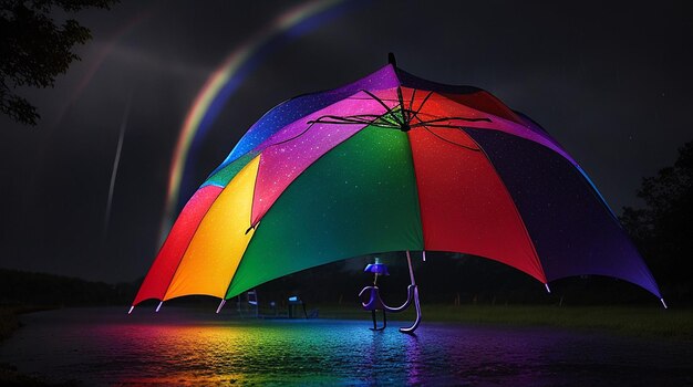 Rainbow colors illuminate dark night with umbrella