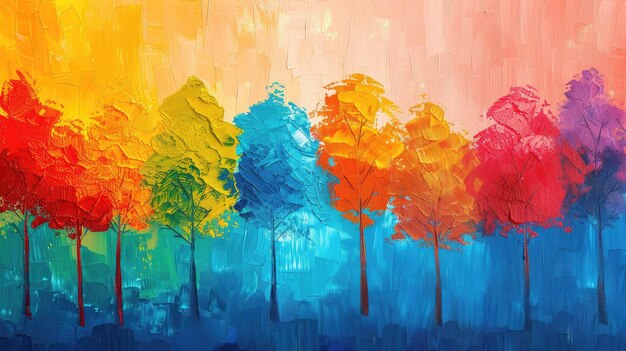 Rainbow colors paint trees in an abstract art style