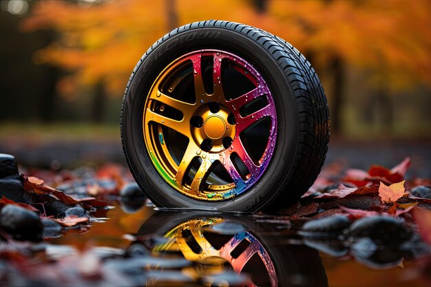 Photo rainbow colors reflected on the surface of a car tire a mesmerizing display of color and light adding a unique touch to automotive photography generative ai