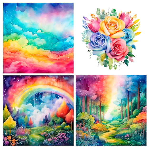 Rainbow colors watercolor forest landscape amd flowers backgrounds set