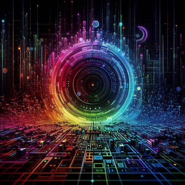 Rainbow coloured neon matrix Code on black backgroundA mesmerizing image that combines the aestheti