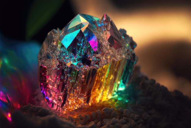 Rainbow Crystal Titanium Color Stone Cyber Crystal on Black Background Generative Ai Illustration