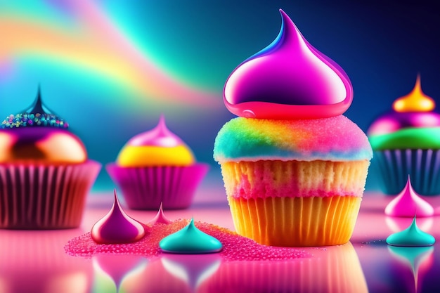 A rainbow cupcake with a rainbow colored icing on top.