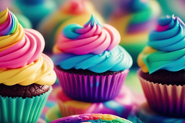 Rainbow Cupcakes kiddies party background ai generative