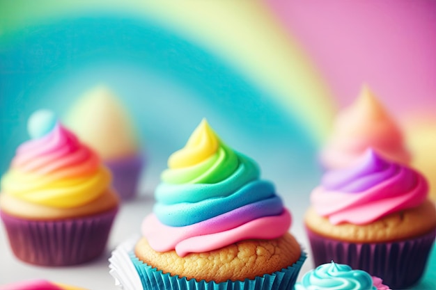 Rainbow Cupcakes kiddies party background ai generative