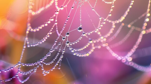 Foto le gocce di rugiada dell'arcobaleno sulla tela di ragno macro vibrant bokeh