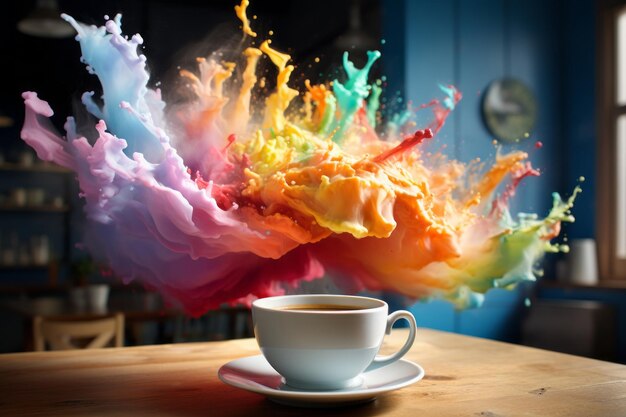 Foto esplosione dell'arcobaleno nella tazza di caffè generata dall'ai