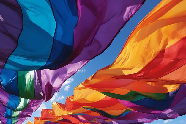 Rainbow fabric in the wind on a background of blue sky