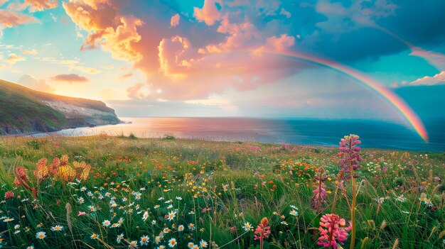 Photo rainbow over a field of flowers in a summer evening