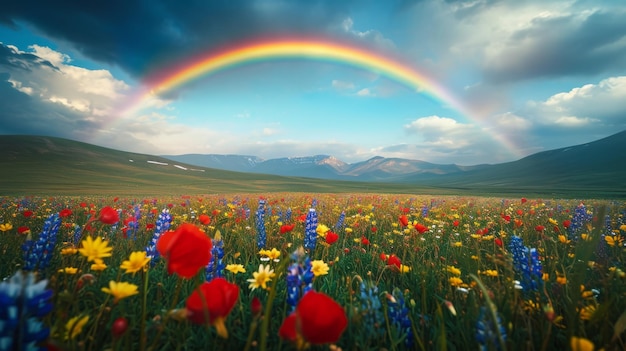 Rainbow Over a Field of Flowers With a Rainbow in the Sky Spring
