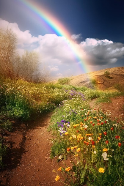 A rainbow over a field of flowers