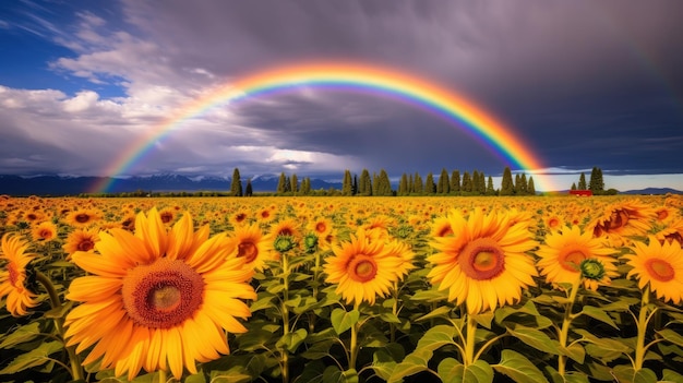 A rainbow over a field of sunflowers