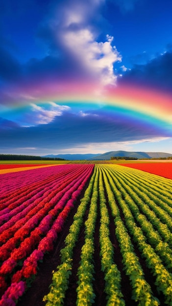 Rainbow over a field of tulips