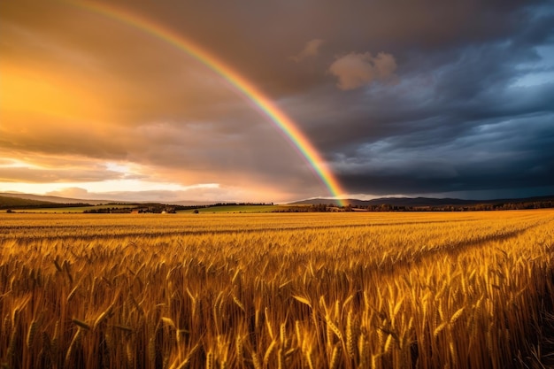 a rainbow over a field of wheat