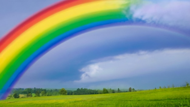 rainbow in a field with a blue sky and trees