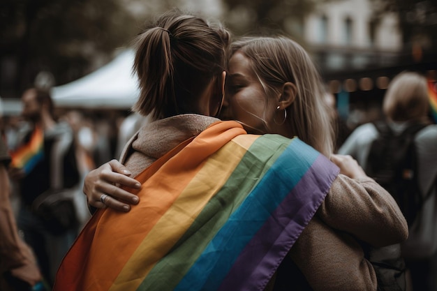 写真 虹の旗は雲の背景で風に振られるlgbtコミュニティのシンボルです