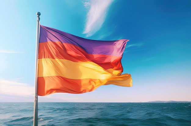 rainbow flag flies in the breeze over the ocean in the style of bold colorblocking