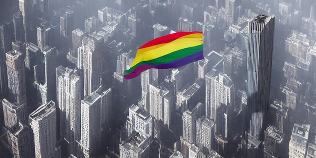 A rainbow flag flies over a cityscape.