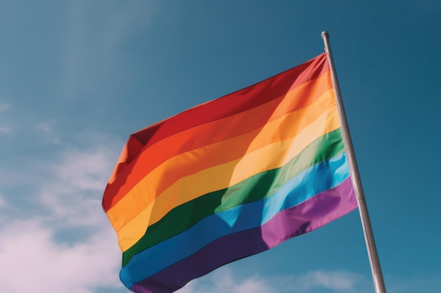 A rainbow flag flies in the sky above a building in the city of portland