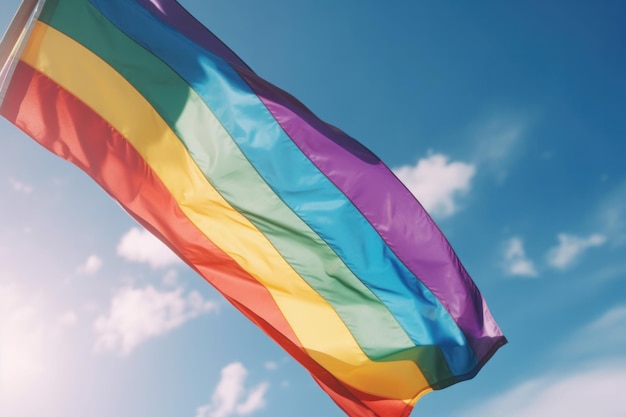 A rainbow flag flies in the sky in front of a blue sky.