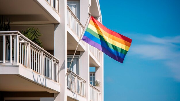 A rainbow flag hangs from a balcony.