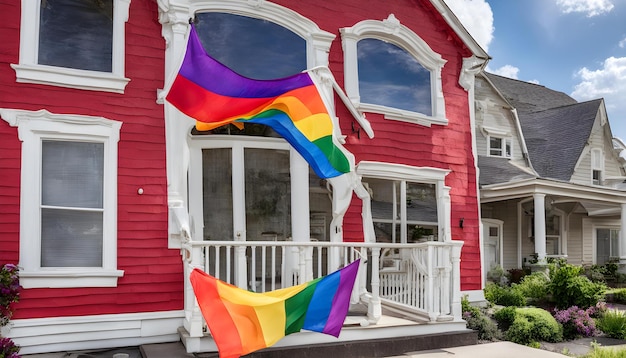 a rainbow flag hangs from a house that says rainbow on it