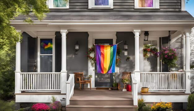 Photo a rainbow flag hangs on the front of a house