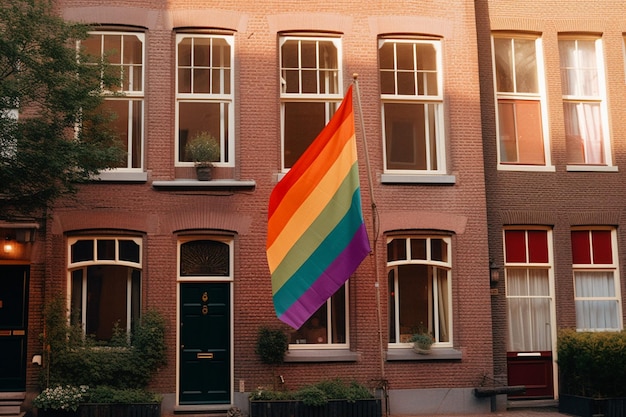 A rainbow flag hangs outside a building