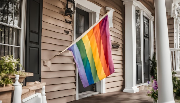 a rainbow flag hangs outside a house that has a rainbow flag hanging from it